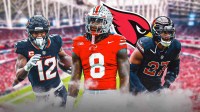 Arvell Reese in the middle, Budda Baker and Akeem Davis-Gaither around him, Arizona Cardinals logo in the background