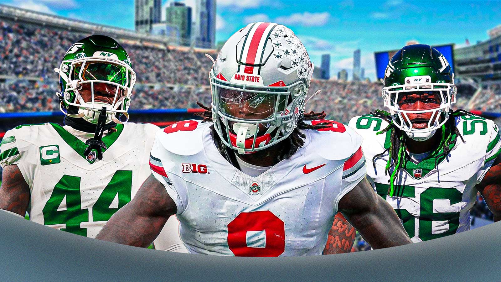 Arvell Reese in the middle, Quincy Williams and coach Jamien Sherwood around him, New York Jets logo in the background