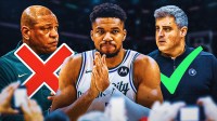 Doc Rivers with X mark over him on the left, with Bucks' Giannis Antetokounmpo in the middle, Micah Nori on the right with check mark