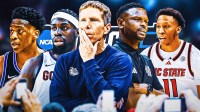 Gonzaga HC Mark Few and Gonzaga PF Graham Ike. Kennesaw State HC Antoine Pettway, BYU SF AJ Dybantsa and NC State PG Quadir Copeland behind them. March Madness logo in background