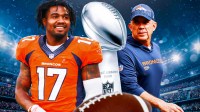 Jaylen Waddle in a Broncos #17 jersey and Broncos HC Sean Payton with the Super Bowl Vince Lombardi Trophy in between them. Denver Broncos logo behind them.