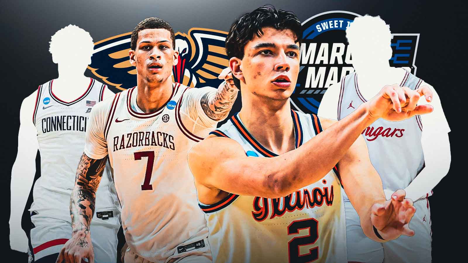 Pelicans logo, NCAA Sweet Sixteen March Madness logo, Andrej Stojakovic, Trevon Brazile, player silhouettes in UCONN, Houston jerseys