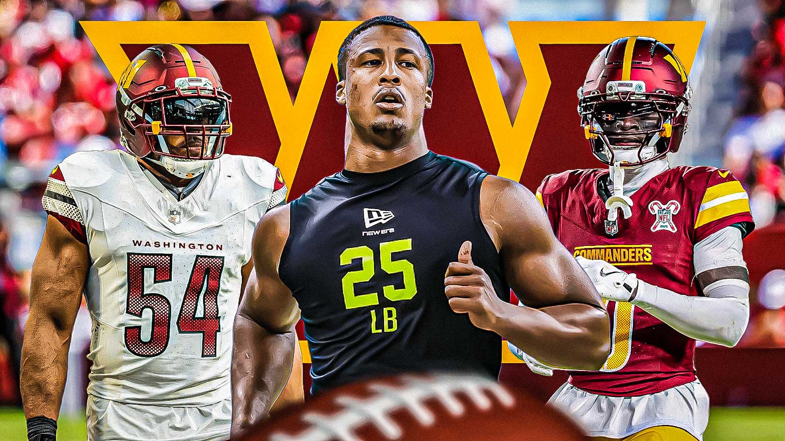 Sonny Styles in the middle, Bobby Wagner and Mike Sainristil around him, Washington Commanders logo in the background