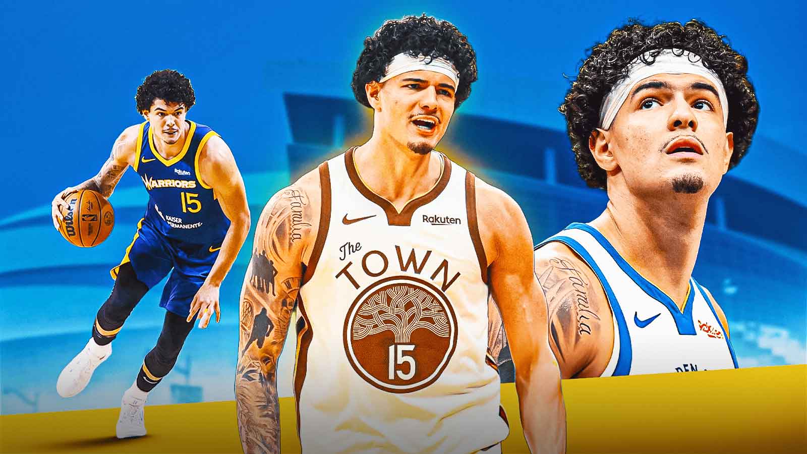 Gui Santos in a Warriors uniform happy and hyped up and next to him on the younger version of him with the Santa Cruz G-League team dribbling the ball, and in the back, a close up of his face with a huge smile.