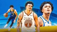 Gui Santos in a Warriors uniform happy and hyped up and next to him on the younger version of him with the Santa Cruz G-League team dribbling the ball, and in the back, a close up of his face with a huge smile.