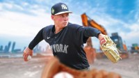 Graphic of New York Yankees starting pitcher Will Warren in full uniform with a construction scene around him.