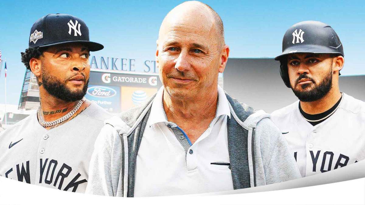 IMAGE: New York Yankees GM Brian Cashman in the center, New York Yankees starting pitcher Luis Gil on the left side, New York Yankees outfielder Jasson Dominguez on the right side, Yankee Stadium (home field of the New York Yankees) in the background