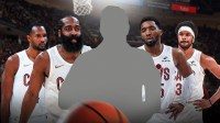 James Harden, Donovan Mitchell, a mystery man in the middle, Evan Mobley, and Jarrett Allen with the Cleveland Cavaliers arena in the background.
