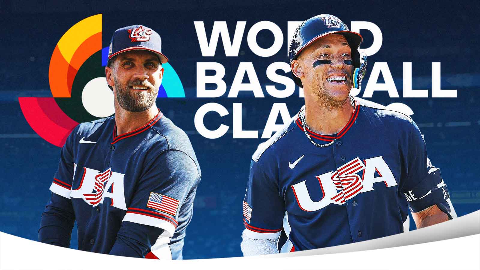 Graphic with Bryce Harper and Aaron Judge in Team USA uniform with the World Baseball Classic logo.