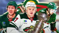 Kirill Kaprizov, Quinn Hughes, and Matt Boldy with the Stanley Cup in the foregorund and Wild logo background.