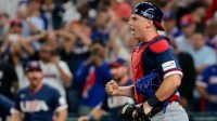United States catcher Will Smith (16) celebrates after defeating the Dominican Republic in a semifinal game of the 2026 World Baseball Classic at loanDepot Park.