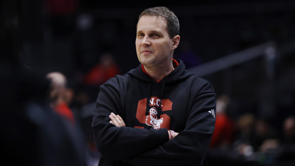 NC State Wolfpack head coach Will Wade walks the court during a practice session ahead of the first four of the men's 2026 NCAA Tournament at University of Dayton Arena.