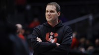 NC State Wolfpack head coach Will Wade walks the court during a practice session ahead of the first four of the men's 2026 NCAA Tournament at University of Dayton Arena.
