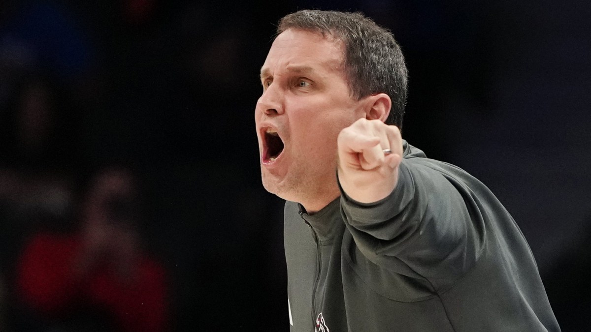 NC State Wolfpack head coach Will Wade reacts in the first half at Spectrum Center.