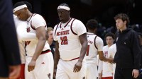 NC State Wolfpack center Scottie Ebube (12) reacts after being defeated by Texas Longhorns during a first four game of the men's 2026 NCAA Tournament at University of Dayton Arena.