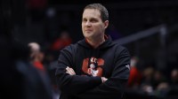 NC State Wolfpack head coach Will Wade walks the court during a practice session ahead of the first four of the men's 2026 NCAA Tournament at University of Dayton Arena.