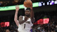 New Orleans Pelicans forward Zion Williamson (1) passes the ball during the first quarter against the Utah Jazz at Delta Cente
