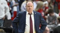 Wisconsin Badgers head coach Greg Gard reacts during the second half of a first round game of the men's 2026 NCAA Tournament against the High Point Panthers at Moda Center.