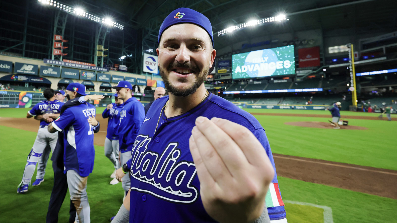 Italy first baseman Vinnie Pasquantino (9) celebrates after defeating Mexico at Daikin Park. 