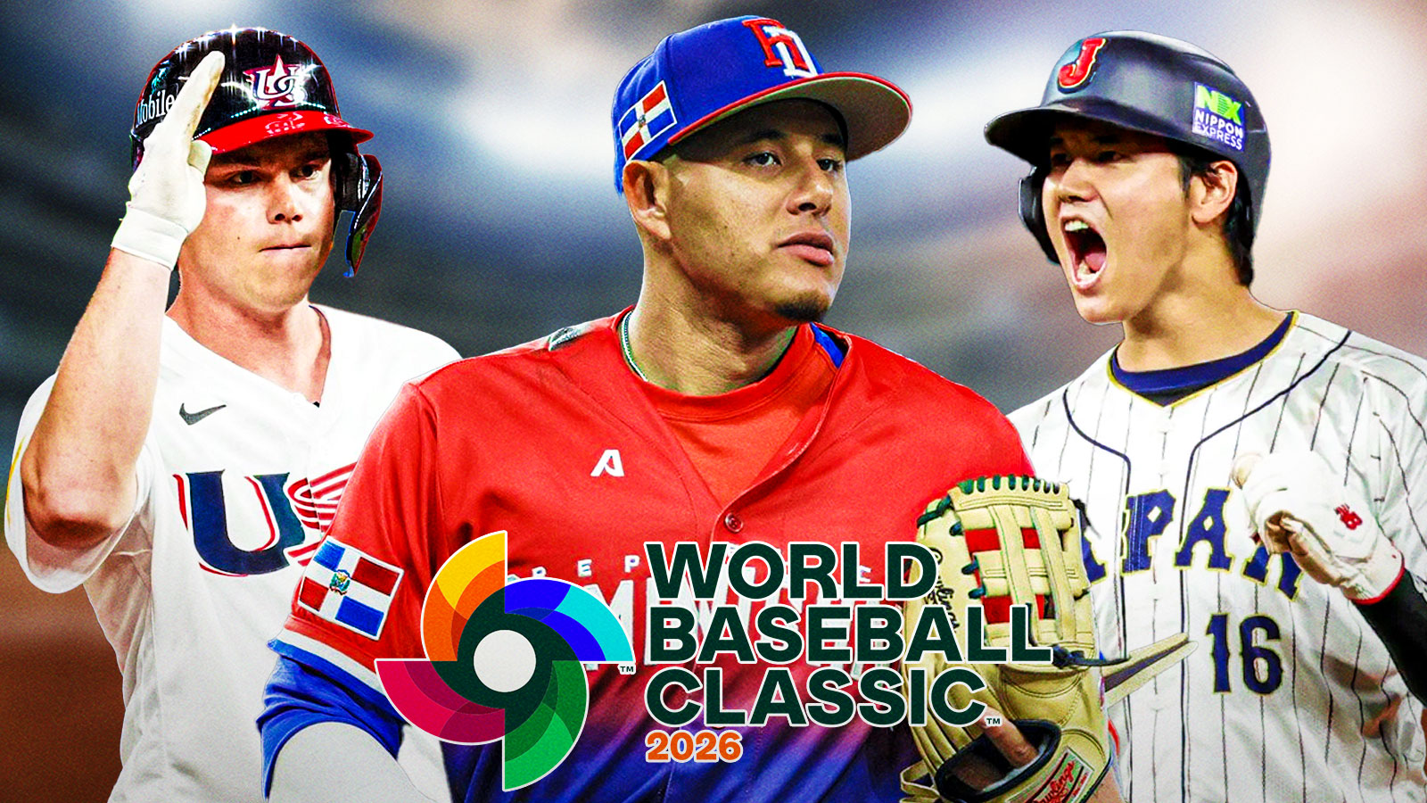 Shohei Ohtani (playing in Team Japan gear), Will Smith (playing in Team USA gear), and Manny Machado (playing in Team Dominican Republic gear). World Baseball Classic 2026 logo front and center.