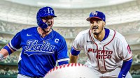 Vinnie Pasquantino in a Team Italy uniform on left, Nolan Arenado in a Team Puerto Rico uniform on right.