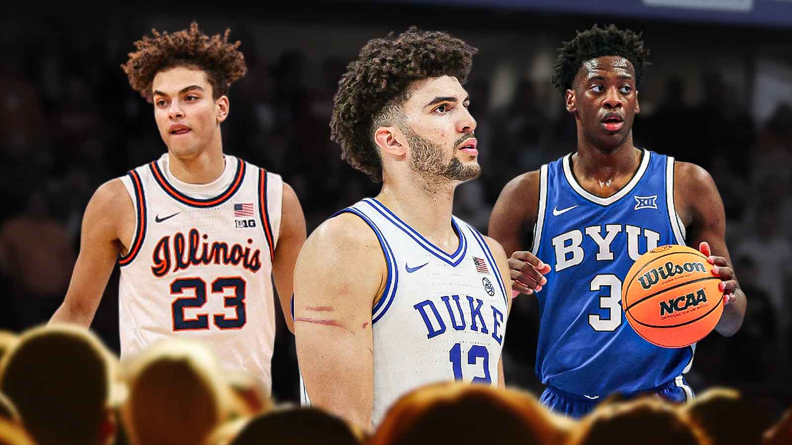 Cameron Boozer, AJ Dybantsa, Keaton Wagler all beside each other, Chicago Bulls wallpaper in the background