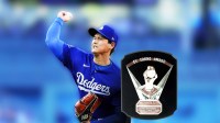 Graphic with Los Angeles Dodgers All-Star Shohei Ohtani pitching and the Cy Young Award next to him.
