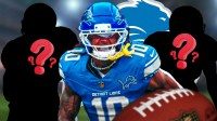 Chiefs RB Isiah Pacheco in a Detroit Lions uniform. He is next to two silhouettes of American football players with big question mark emojis inside. There is also a logo for the Detroit Lions in the background.