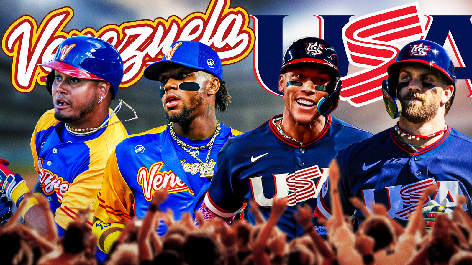 Venezuela USA Bold Predictions, Team Venezuela logo on the right with Luis Arraez and Ronald Acuna. Team USA logo on the right with Aaron Judge and Bryce Harper