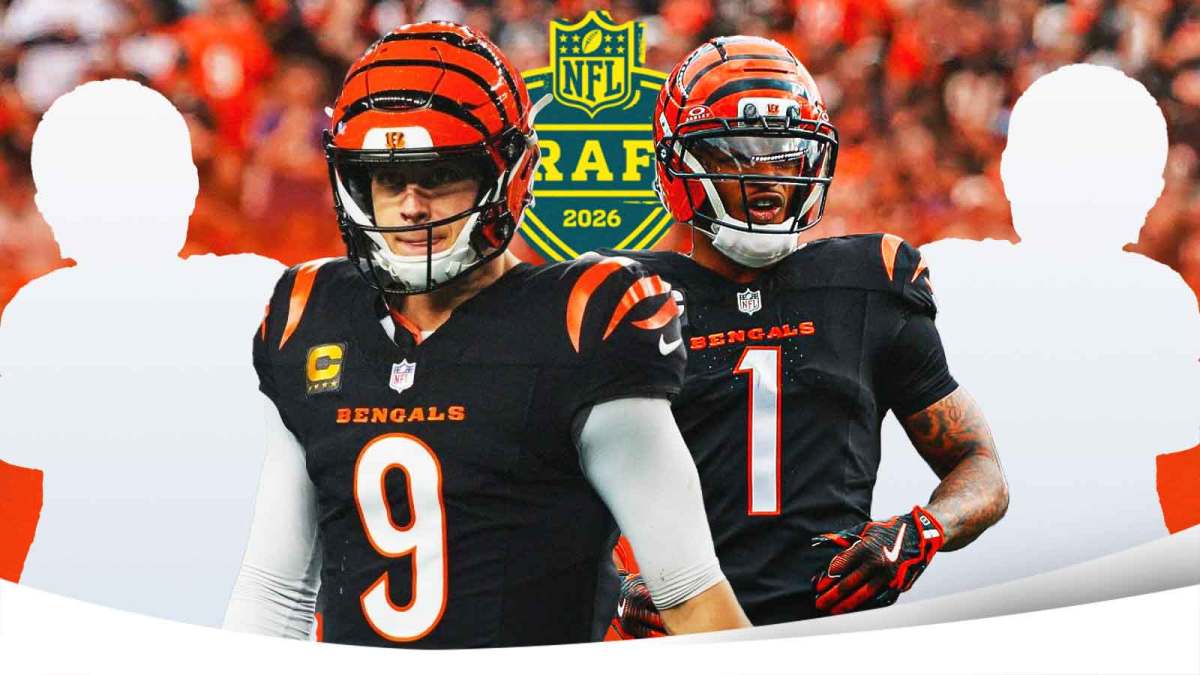 Joe Burrow, Ja'Marr Chase beside each other, Two mystery players around them, NFL Draft logo in the background