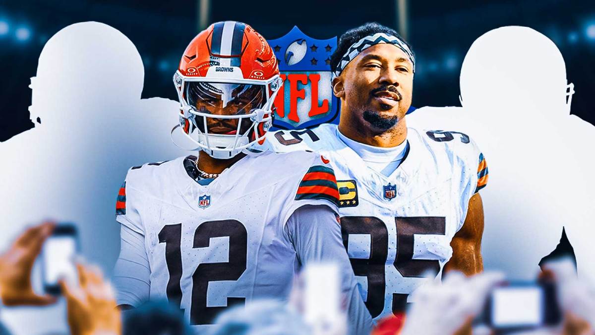 Myles Garrett, Shedeur Sanders beside each other, Two mystery players around them, NFL Draft logo in the background