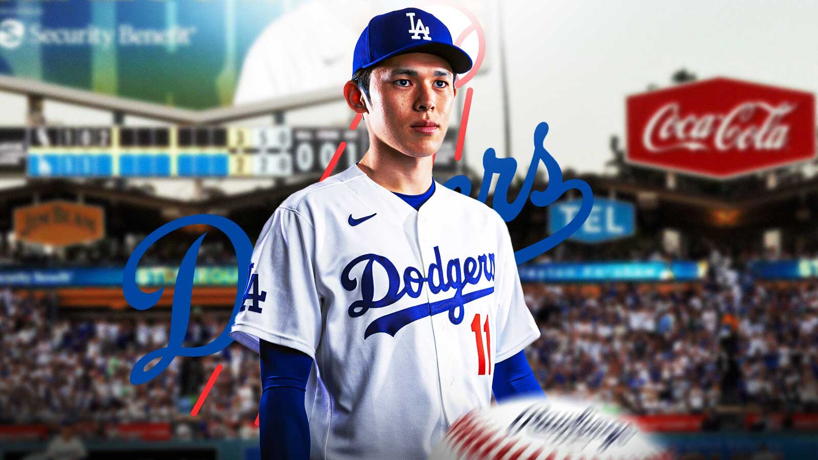 Graphic with Los Angeles Dodgers starter Roki Sasaki with the Dodgers logo