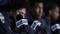 Detailed view of the March Madness logo during the Texas Longhorns student athletes press conference during a practice session ahead of the first four of the men's 2026 NCAA Tournament at University of Dayton Arena.