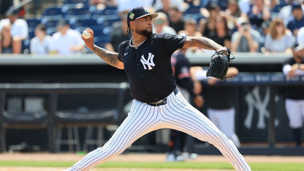 New York Yankees starting pitcher Luis Gil (81) throws a pitch during the first inning against the Detroit Tigers at George M. Steinbrenner Field.