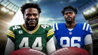 Zaire Franklin (No 44) in a Packers uniform next to Colby Wooden (No 96) in a Colts uniform.