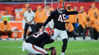 Atlanta Falcons placekicker Zane Gonzalez (45) kicks a forty-three yard game-winning field goal held by punter Bradley Pinion (13) against the Tampa Bay Buccaneers during the fourth quarter at Raymond James Stadium.