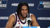 St. John's Red Storm forward Zuby Ejiofor (24) talks in a press conference after a first round game of the men's 2026 NCAA Tournament against the Northern Iowa Panthers at Viejas Arena.
