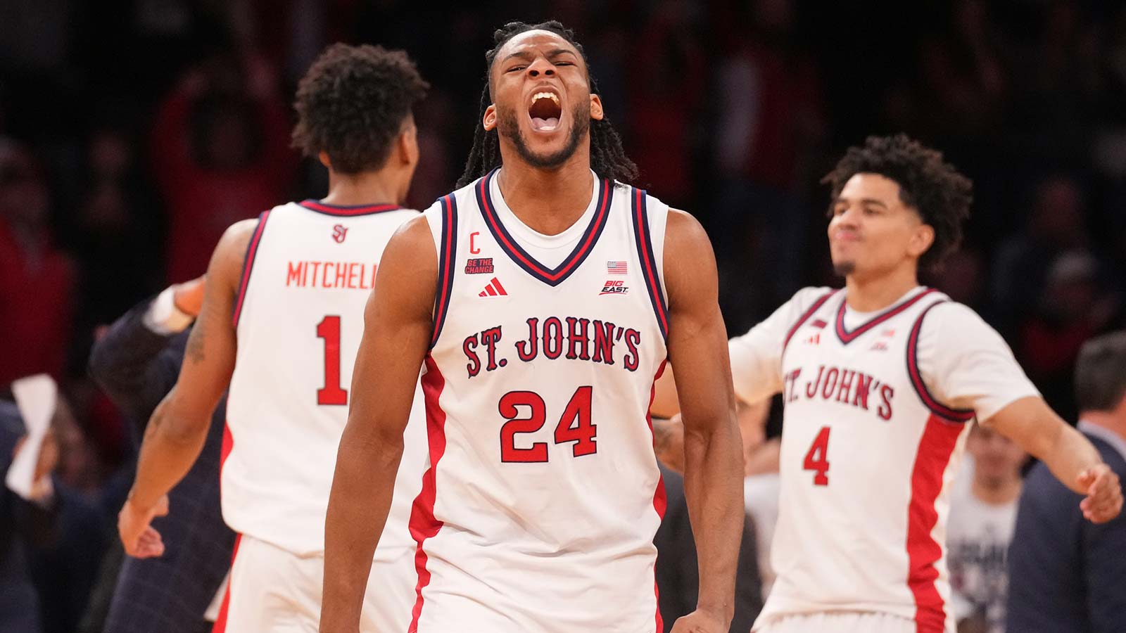 St. John's Red Storm forward Zuby Ejiofor (24) reacts in the closing moments of the second half of the men's Big East Conference Tournament Championship against the Connecticut Huskies at Madison Square Garden.