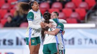 Denver Summit FC forward Natasha Flint (26) celebrates a goal with teammates during the second half against Gotham FC at Sports Illustrated Stadium.