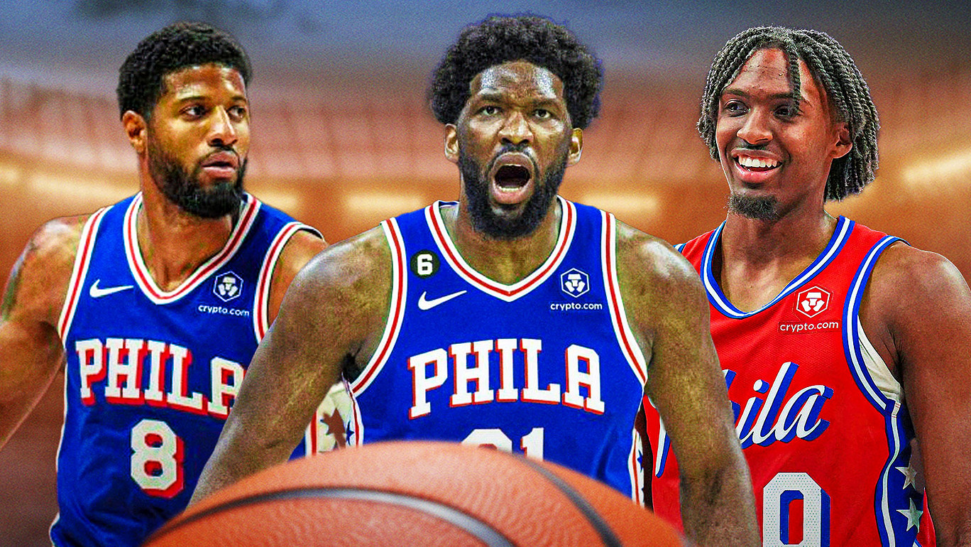 Tyrese Maxey, Joel Embiid, Paul George all beside each other, Dark skies in the background