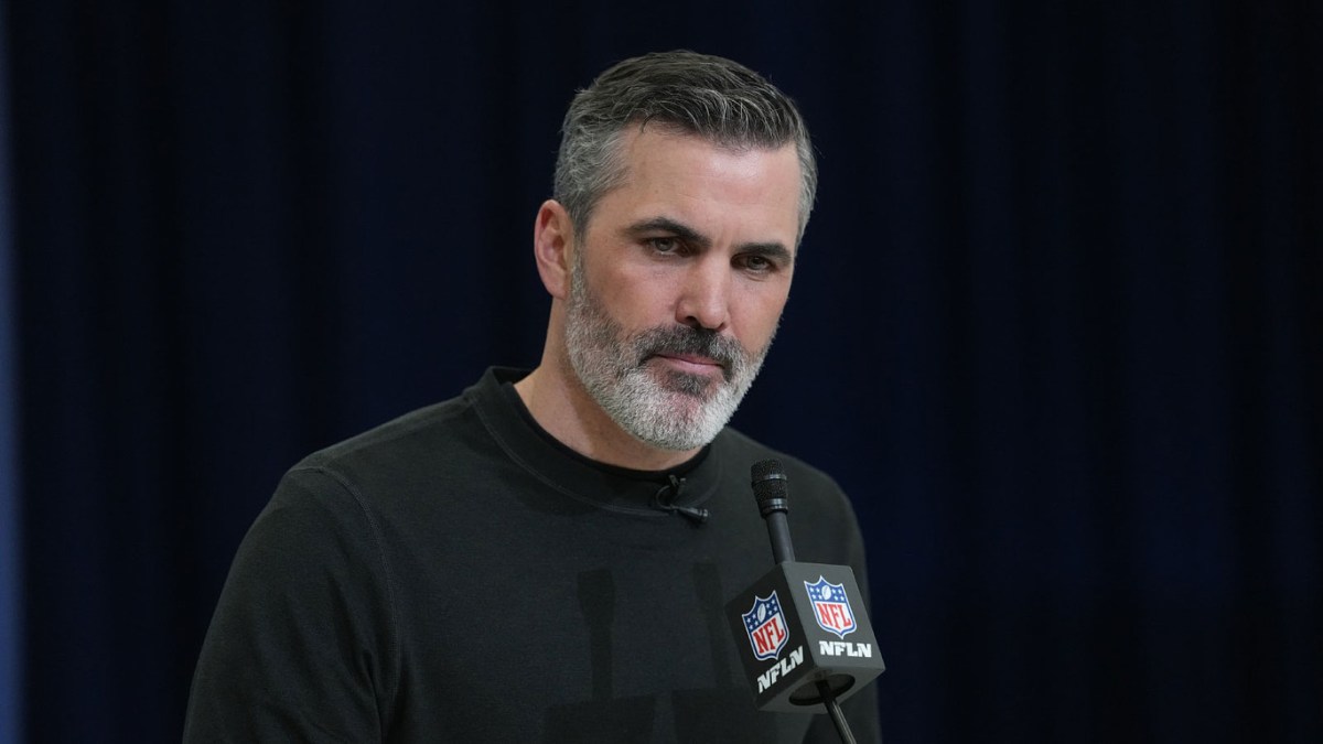 Atlanta Falcons coach Kevin Stefanski speaks at the NFL Scouting Combine at the Indiana Convention Center.