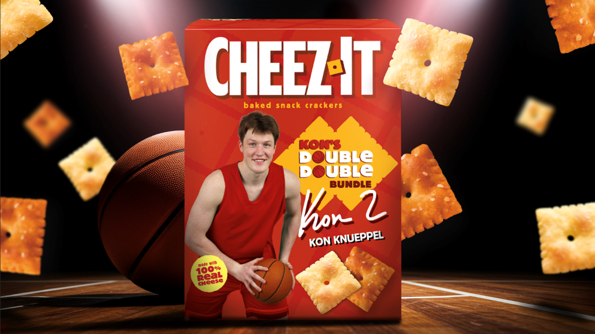 Hornets' Kon Knueppel on a Cheez it box