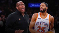 Knicks Mike Brown angry, Knicks Mikal Bridges with Knicks crowd behind them