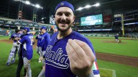 Italy first baseman Vinnie Pasquantino (9) celebrates after defeating Mexico at Daikin Park