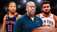 Knicks' Jalen Brunson and Karl-Anthony Towns on separate sides of image with a broken line between them and Mike Brown appearing in the middle, looking like a mediator
