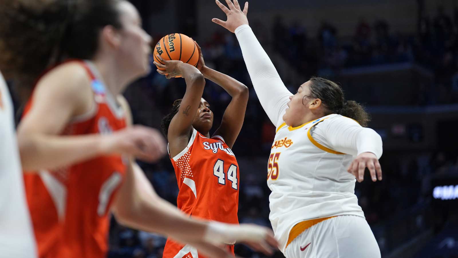 Syracuse Orange center Uche Izoje (44) shoots the ball against Iowa State Cyclones center Audi Crooks (55) in the first half at Harry A. Gampel Pavilion.