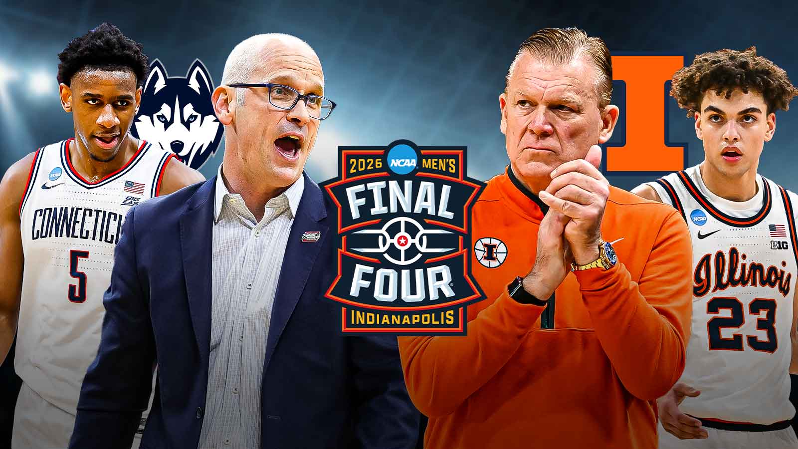 On one side: UConn HC Dan Hurley, F Tarris Reed Jr., UConn logo Other side: Illinois HC Brad Underwood, G Keaton Wagler, Illinois logo 2026 Final Four logo in front