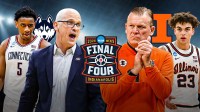 On one side: UConn HC Dan Hurley, F Tarris Reed Jr., UConn logo Other side: Illinois HC Brad Underwood, G Keaton Wagler, Illinois logo 2026 Final Four logo in front