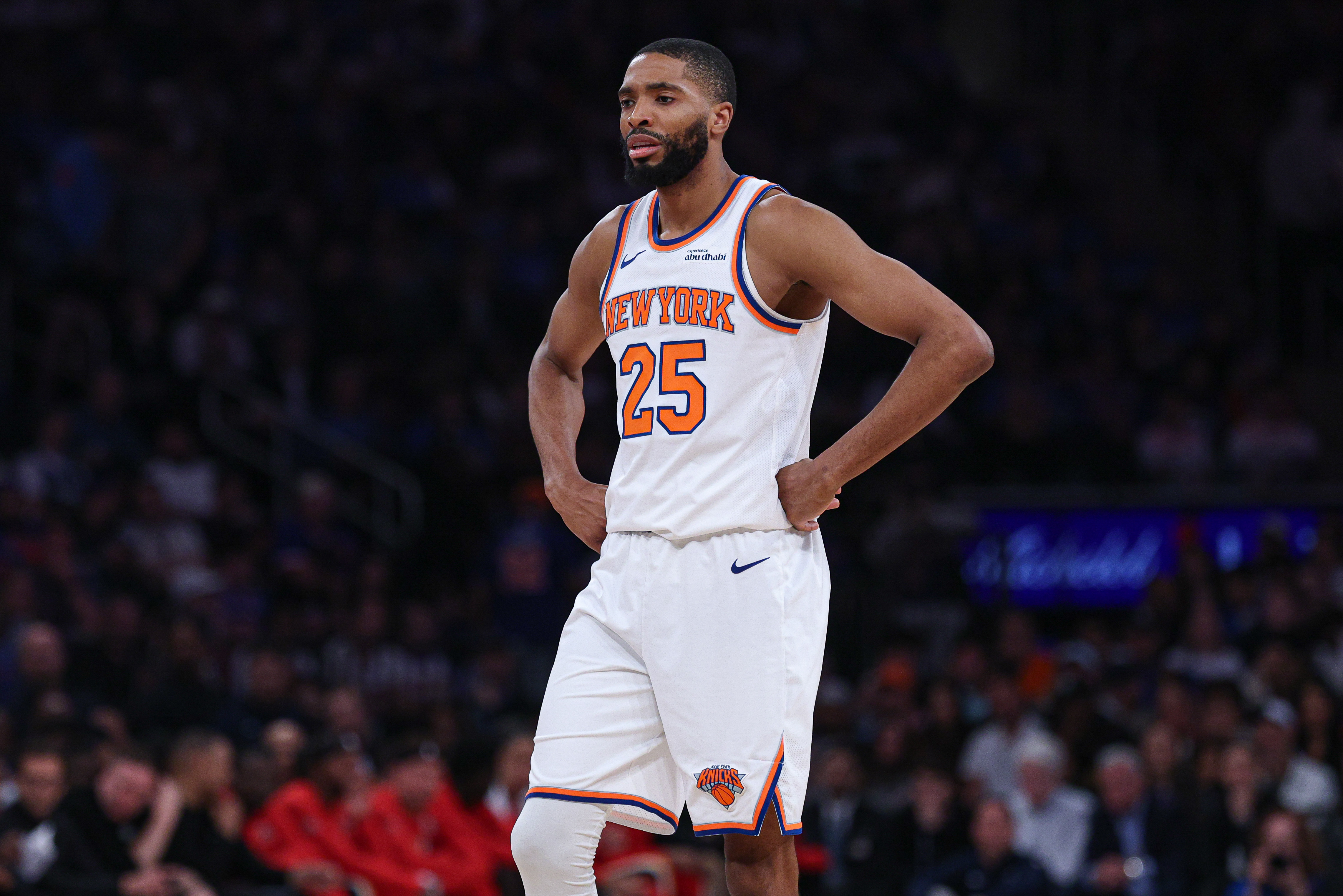 New York Knicks guard Mikal Bridges (25) looks on during the first half of the 2026 NBA Playoffs against the Atlanta Hawks at Madison Square Garden.