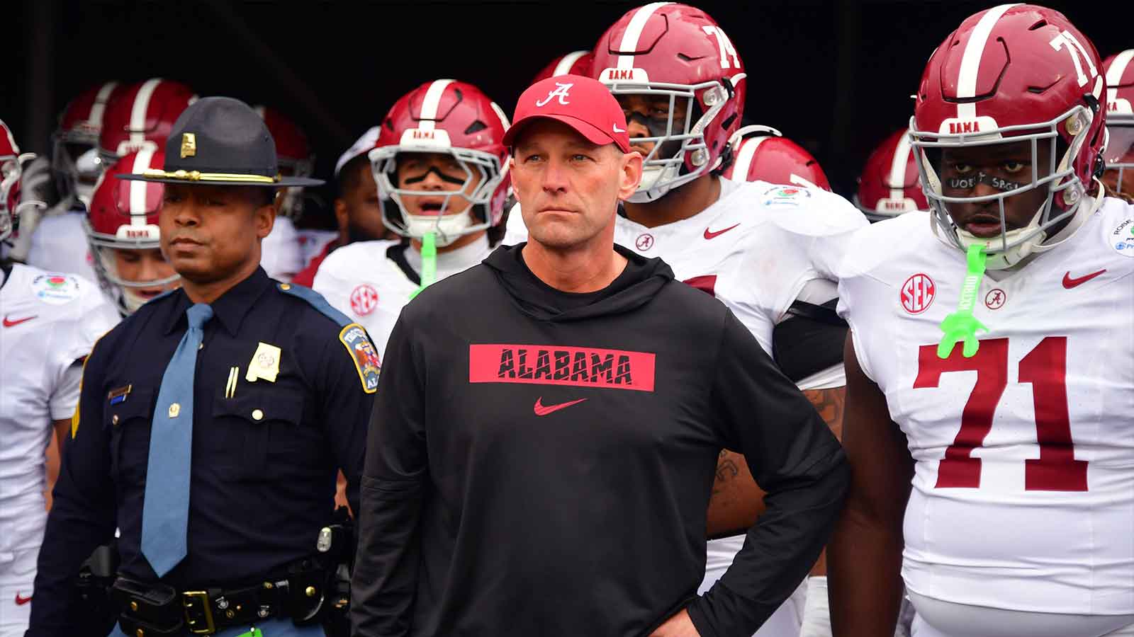 Alabama Crimson Tide head coach Kalen Deboer walks on field before the 2026 Rose Bowl and quarterfinal game of the College Football Playoff against the Indiana Hoosiers at Rose Bowl Stadium.
